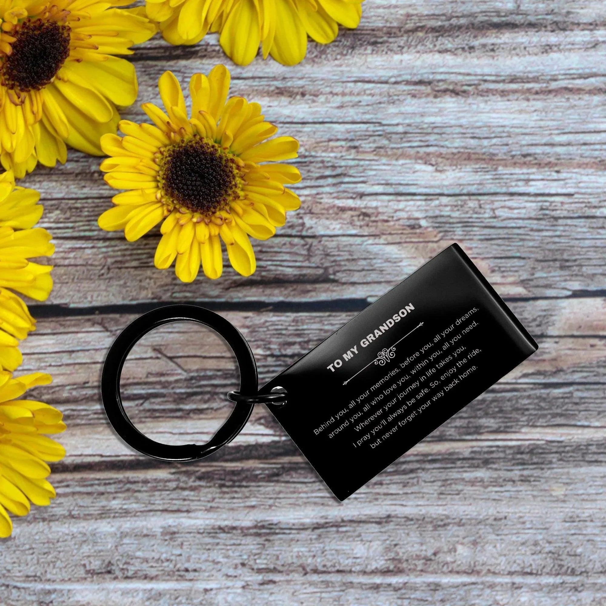 Inspirational Grandson Black Engraved Keychain - Behind you, all your Memories, Before you, all your Dreams - Birthday, Christmas Holiday Gifts