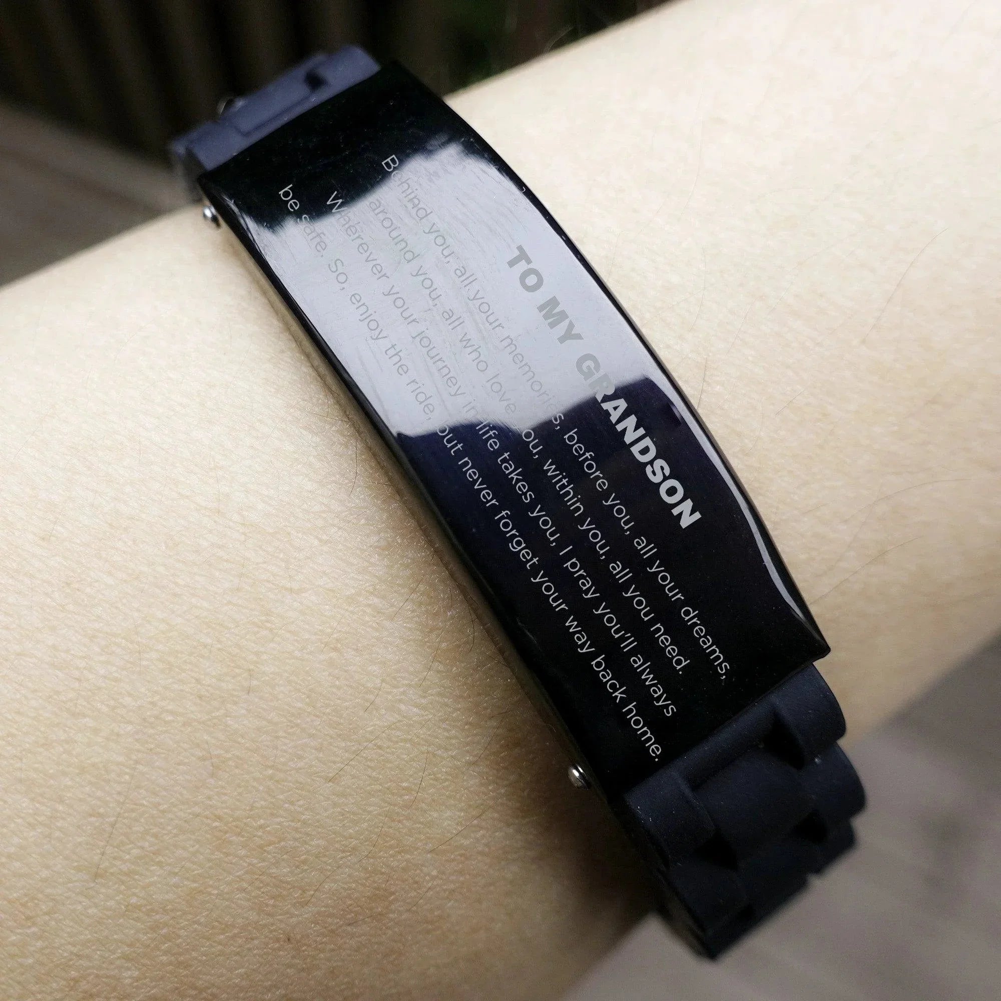 Inspirational Grandson Engraved Black Glidelock Clasp Bracelet - Behind you, all your Memories, Before you, all your Dreams - Birthday, Christmas Holiday Gifts