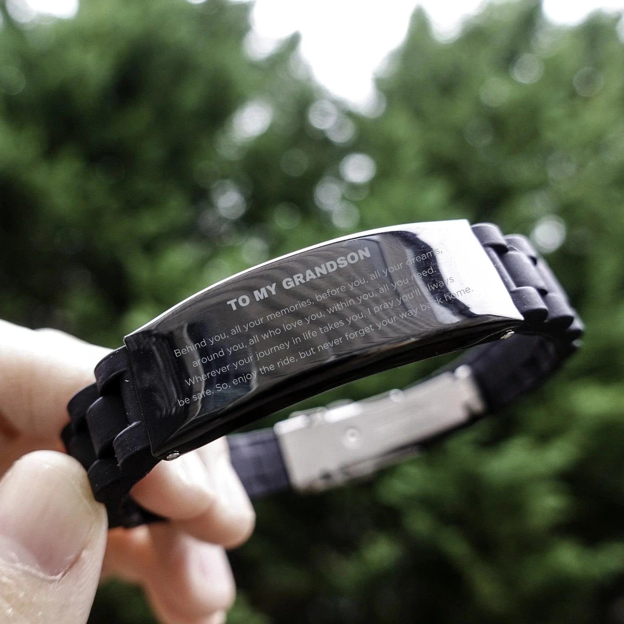 Inspirational Grandson Engraved Black Glidelock Clasp Bracelet - Behind you, all your Memories, Before you, all your Dreams - Birthday, Christmas Holiday Gifts