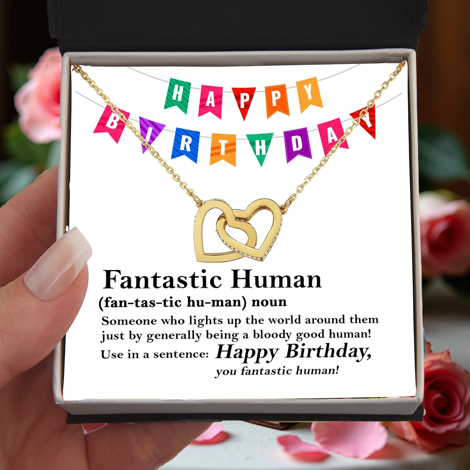 Happy Birthday “Fantastic Human” Interlocking Hearts Necklace | Fun & Heartfelt Birthday Jewelry Gift with Humorous Message Card