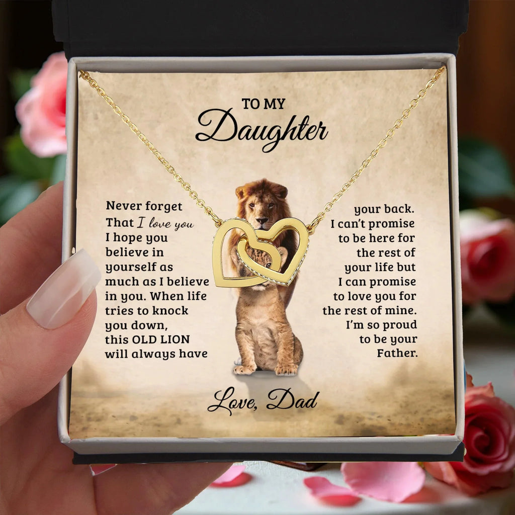 To My Daughter – Interlocking Hearts Necklace Gift from Dad | Old Lion Always Has Your Back | Meaningful Father Daughter Jewelry