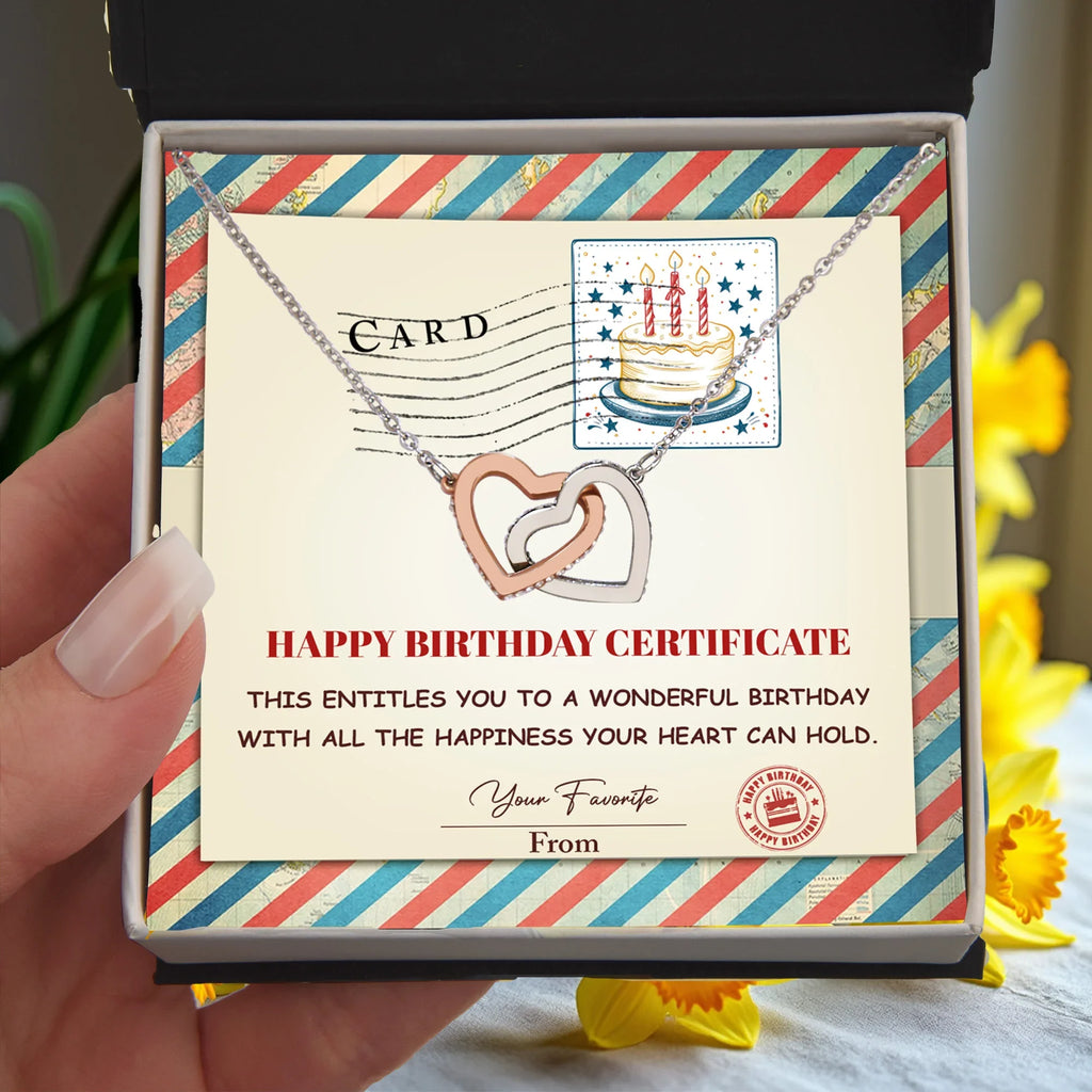 Happy Birthday Personalized Certificate Interlocking Hearts Necklace | Playful Birthday Gift for Her | Fun & Heartfelt Keepsake