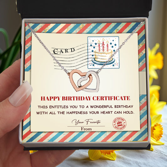 Happy Birthday Personalized Certificate Interlocking Hearts Necklace | Playful Birthday Gift for Her | Fun & Heartfelt Keepsake