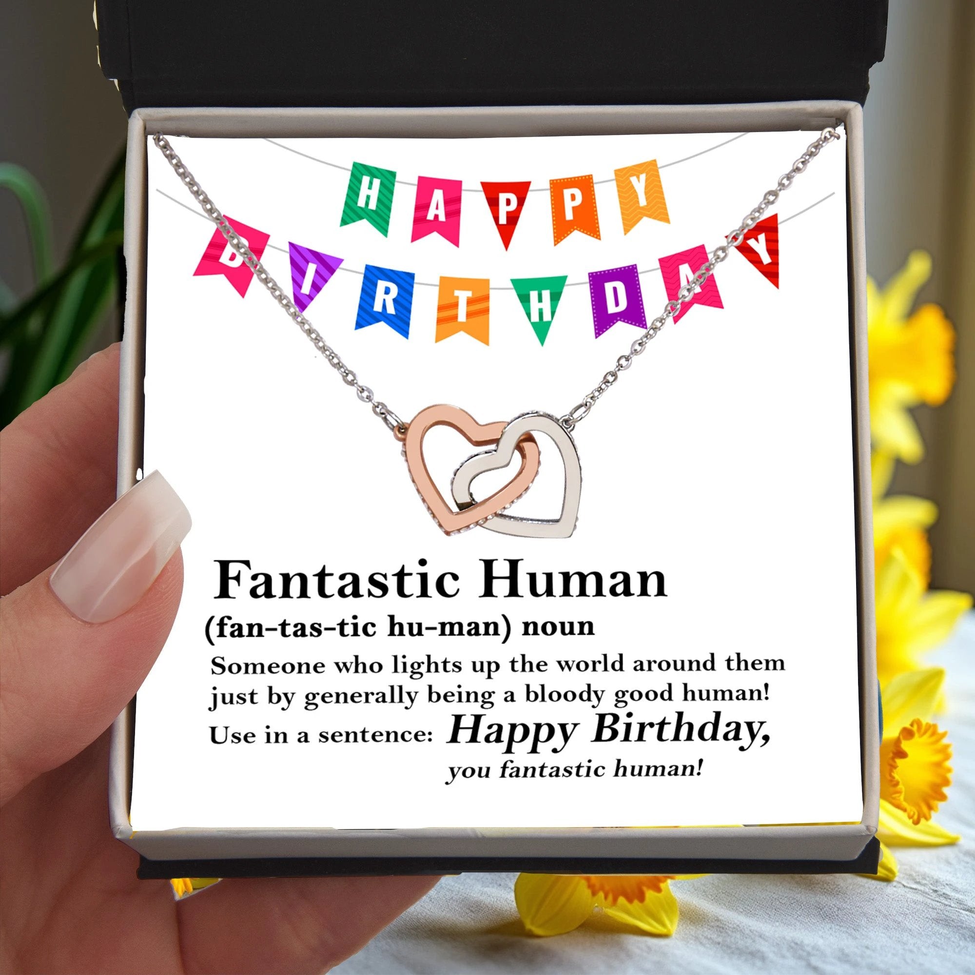 Happy Birthday “Fantastic Human” Interlocking Hearts Necklace | Fun & Heartfelt Birthday Jewelry Gift with Humorous Message Card