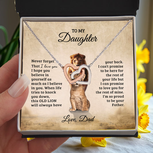 To My Daughter – Interlocking Hearts Necklace Gift from Dad | Old Lion Always Has Your Back | Meaningful Father Daughter Jewelry