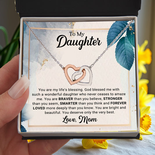 To My Daughter Interlocking Hearts Necklace – Braver, Stronger, Smarter Message from Mom | Faith-Inspired Gift for Birthday or Graduation