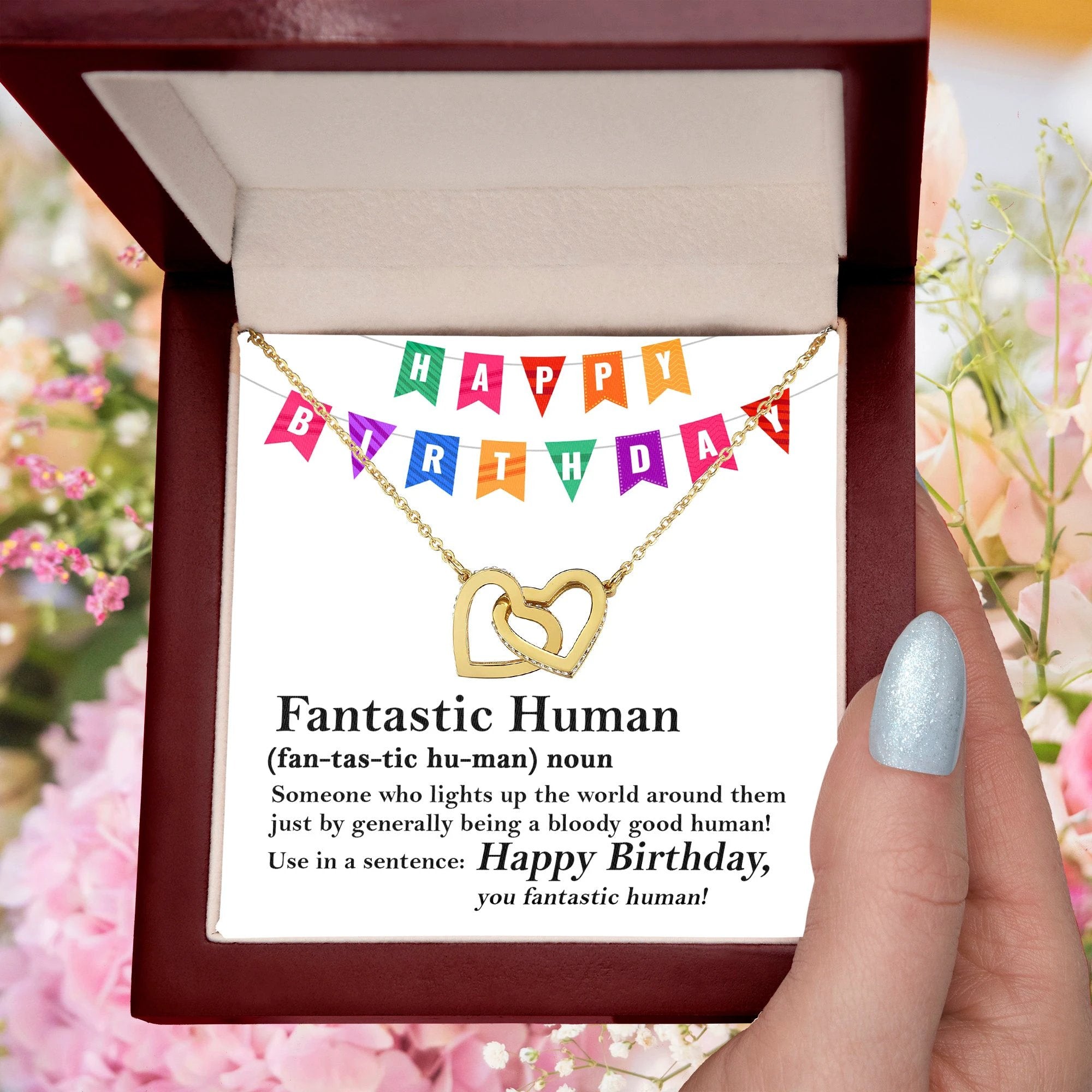 Happy Birthday “Fantastic Human” Interlocking Hearts Necklace | Fun & Heartfelt Birthday Jewelry Gift with Humorous Message Card