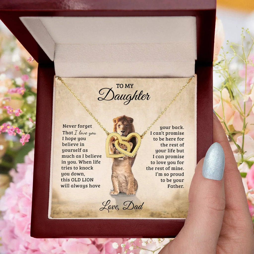 To My Daughter – Interlocking Hearts Necklace Gift from Dad | Old Lion Always Has Your Back | Meaningful Father Daughter Jewelry