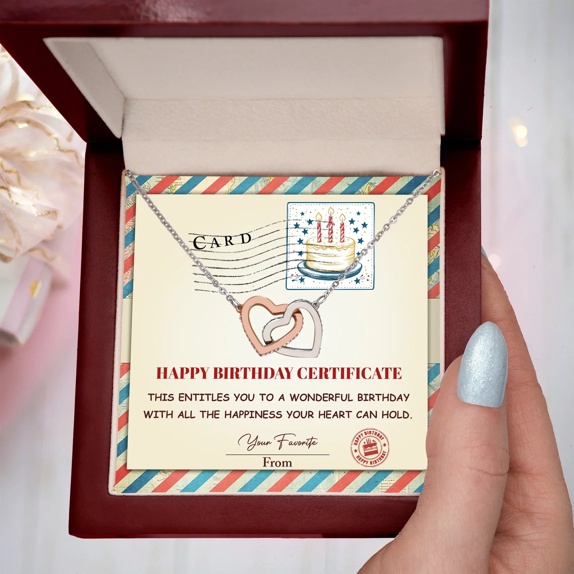 Happy Birthday Personalized Certificate Interlocking Hearts Necklace | Playful Birthday Gift for Her | Fun & Heartfelt Keepsake