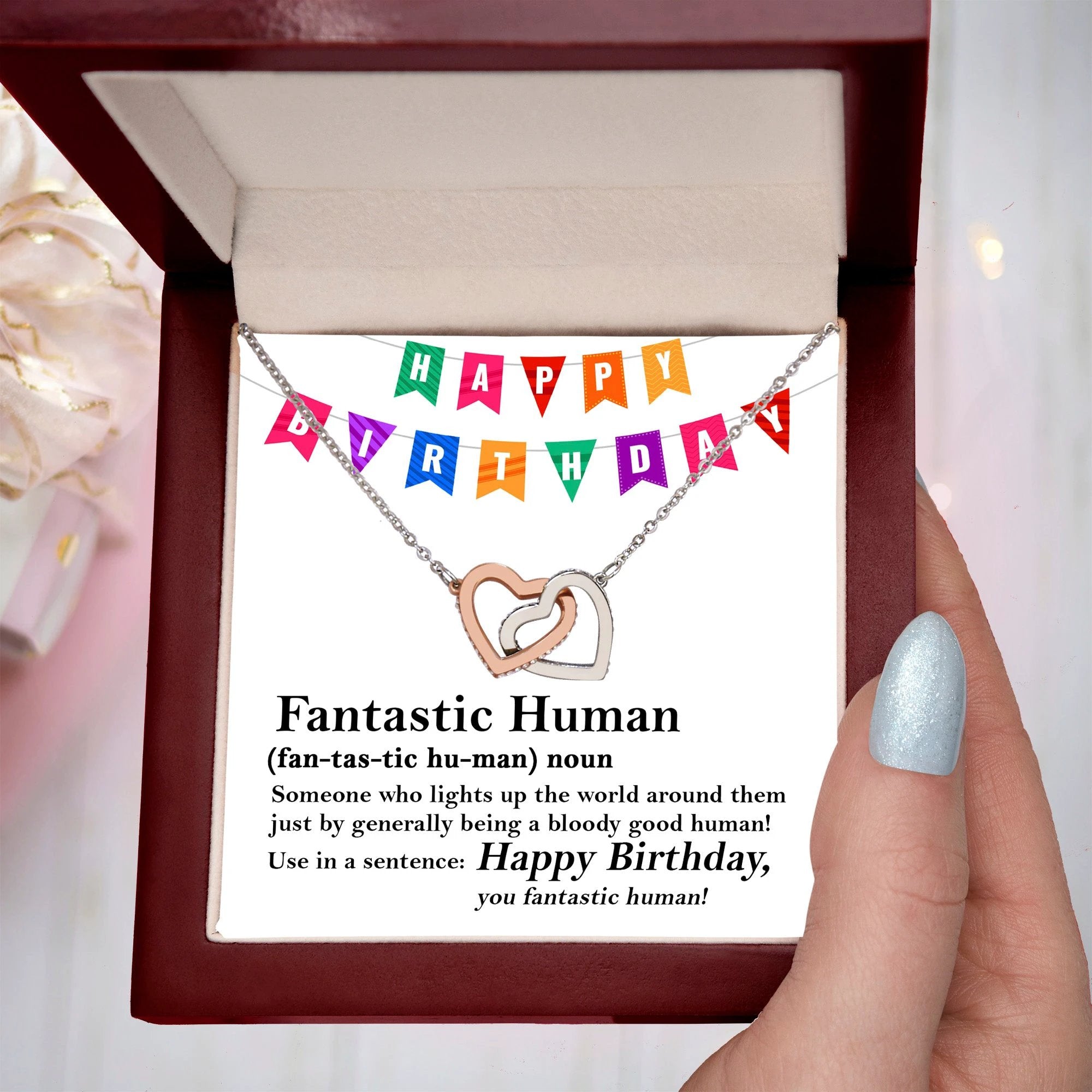 Happy Birthday “Fantastic Human” Interlocking Hearts Necklace | Fun & Heartfelt Birthday Jewelry Gift with Humorous Message Card