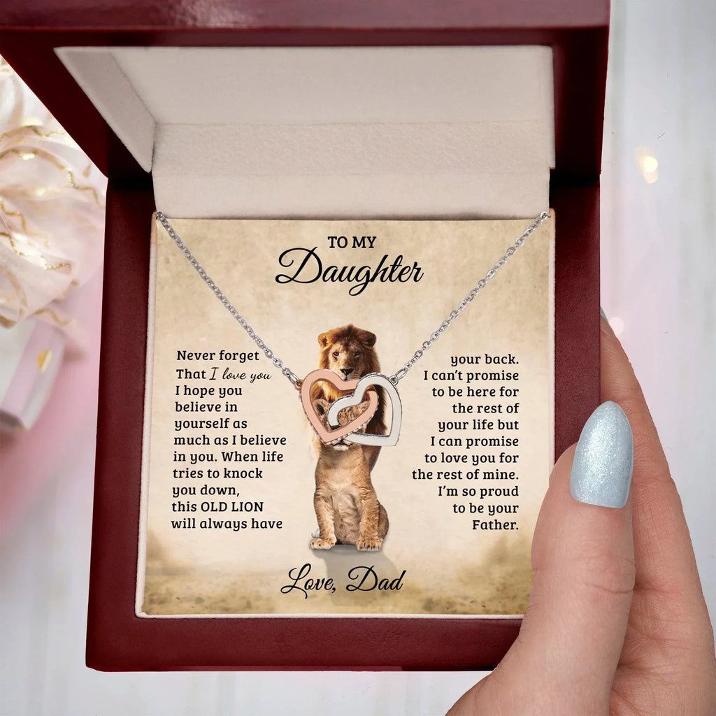 To My Daughter – Interlocking Hearts Necklace Gift from Dad | Old Lion Always Has Your Back | Meaningful Father Daughter Jewelry