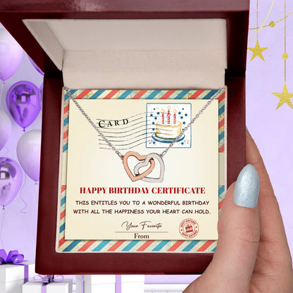 Happy Birthday Personalized Certificate Interlocking Hearts Necklace | Playful Birthday Gift for Her | Fun & Heartfelt Keepsake - Mallard Moon Gift Shop