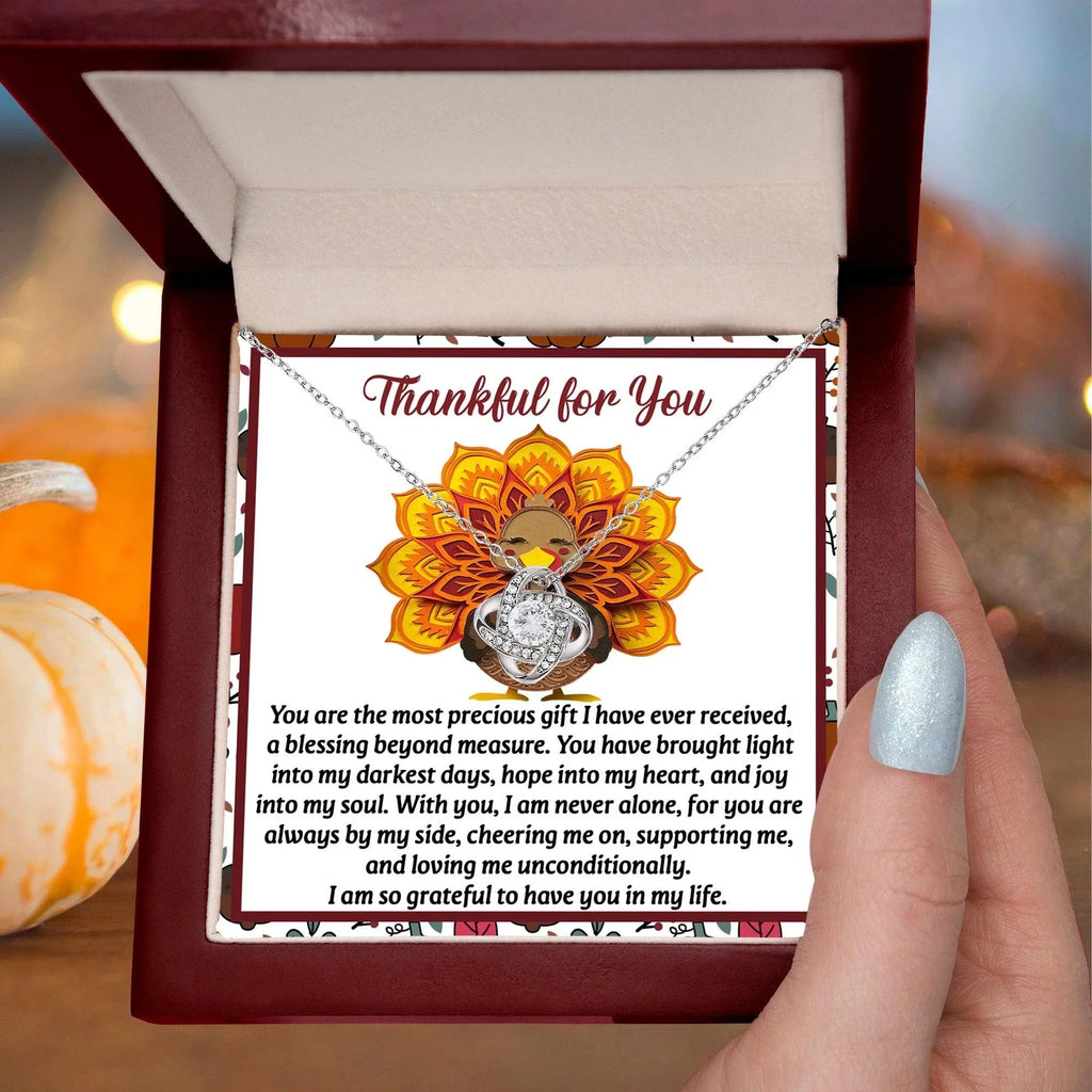 Thanksgiving Gift for Her – “Into My Heart” Love Knot Necklace with Message Card | Heartfelt Gift of Gratitude