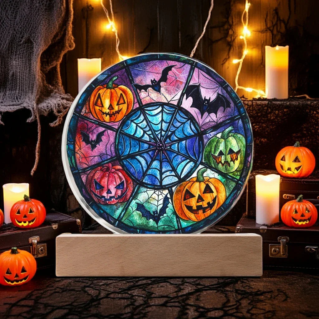 Spooky Halloween Decor Round Acrylic Plaque with Lighted LED Wooden Base