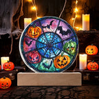 Spooky Halloween Decor Round Acrylic Plaque with Lighted LED Wooden Base