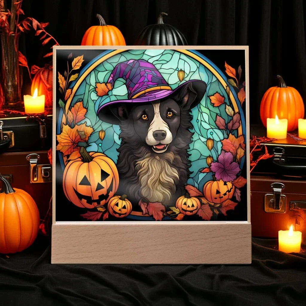 Dog Halloween Portrait Stained Glass Acrylic Plaque with LED Lighted Wooden Base