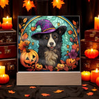 Dog Halloween Portrait Stained Glass Acrylic Plaque with LED Lighted Wooden Base