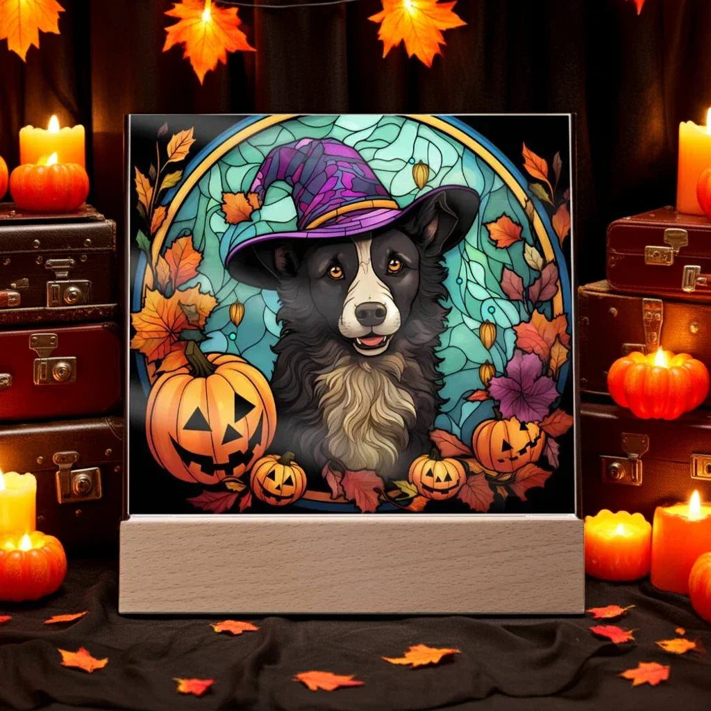 Dog Halloween Portrait Stained Glass Acrylic Plaque with LED Lighted Wooden Base