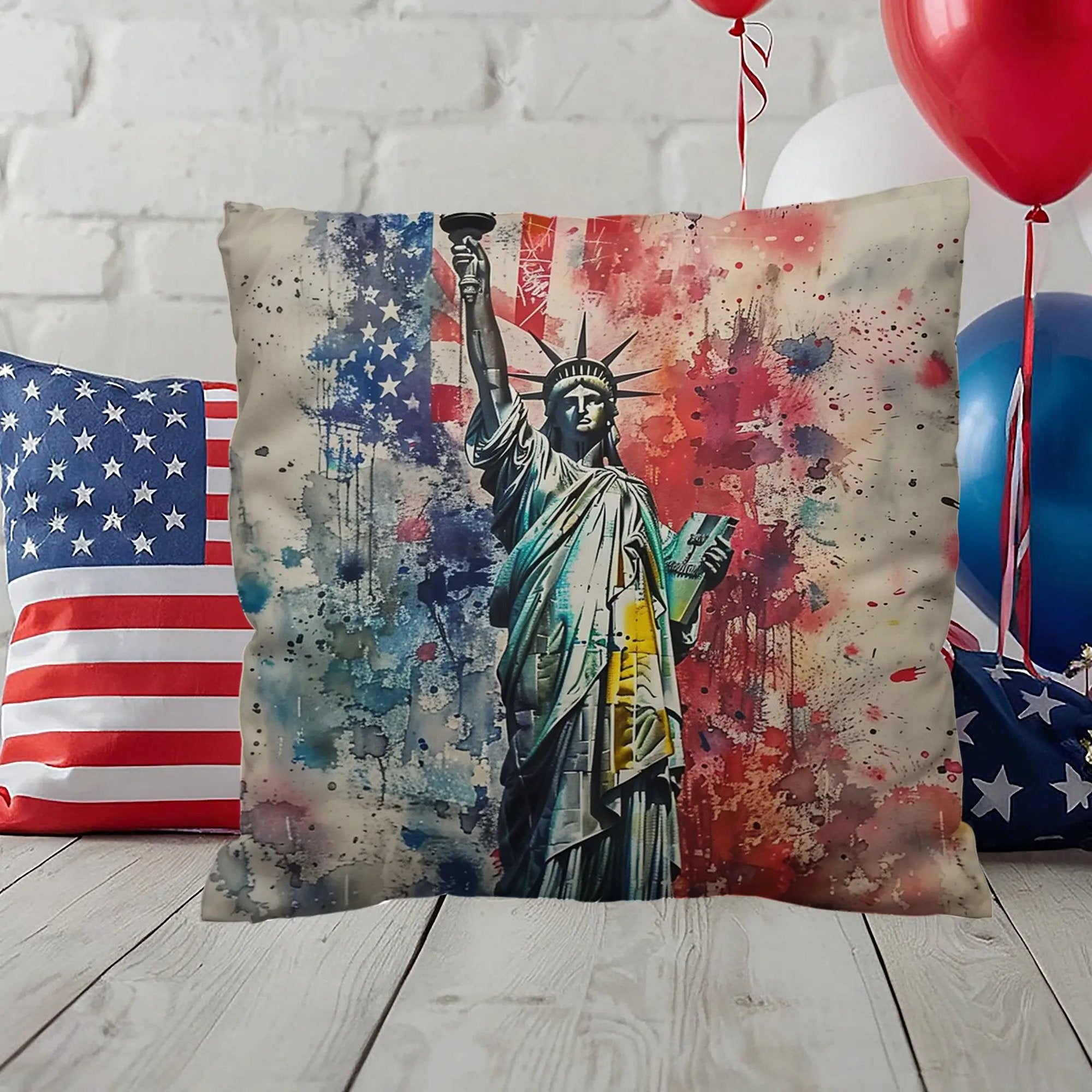 Statue of Liberty American Flag Pillow – Patriotic Indoor Outdoor Throw Pillow – USA Freedom Decor – Red White Blue Cushion – Americana Home Accent