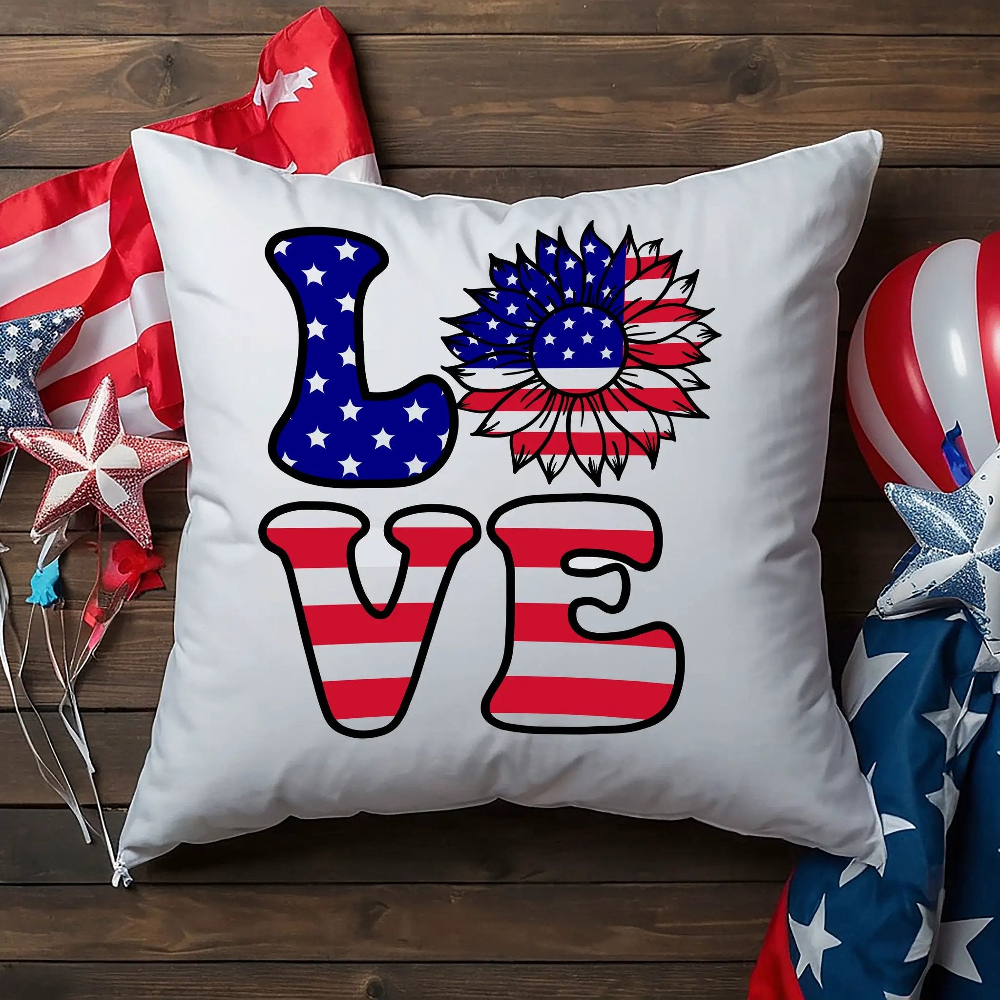 Patriotic Love Pillow, USA Flag Sunflower Throw Pillow, Indoor Outdoor Polyester Cushion, 4th of July Home Decor, American Flag Accent Pillow