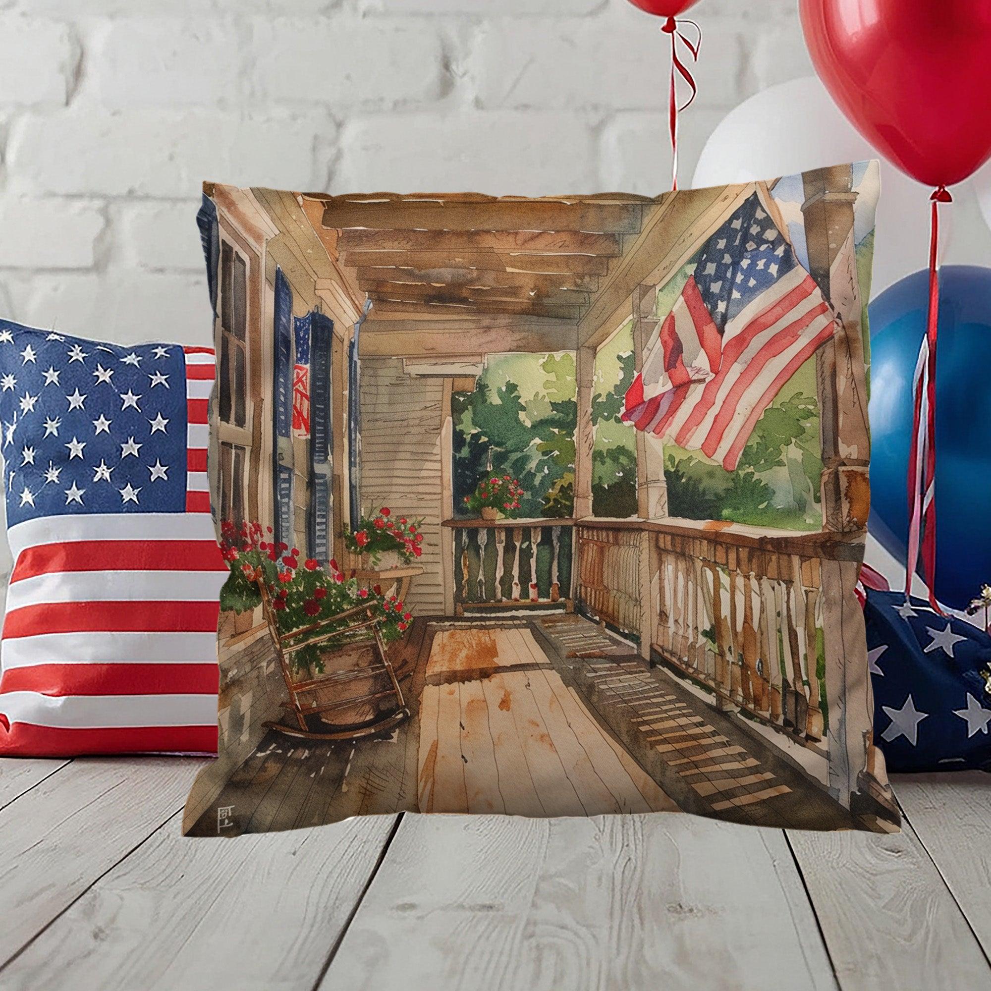 Patriotic Country Porch Scene Indoor-Outdoor Polyester Printed Pillow - Mallard Moon Gift Shop