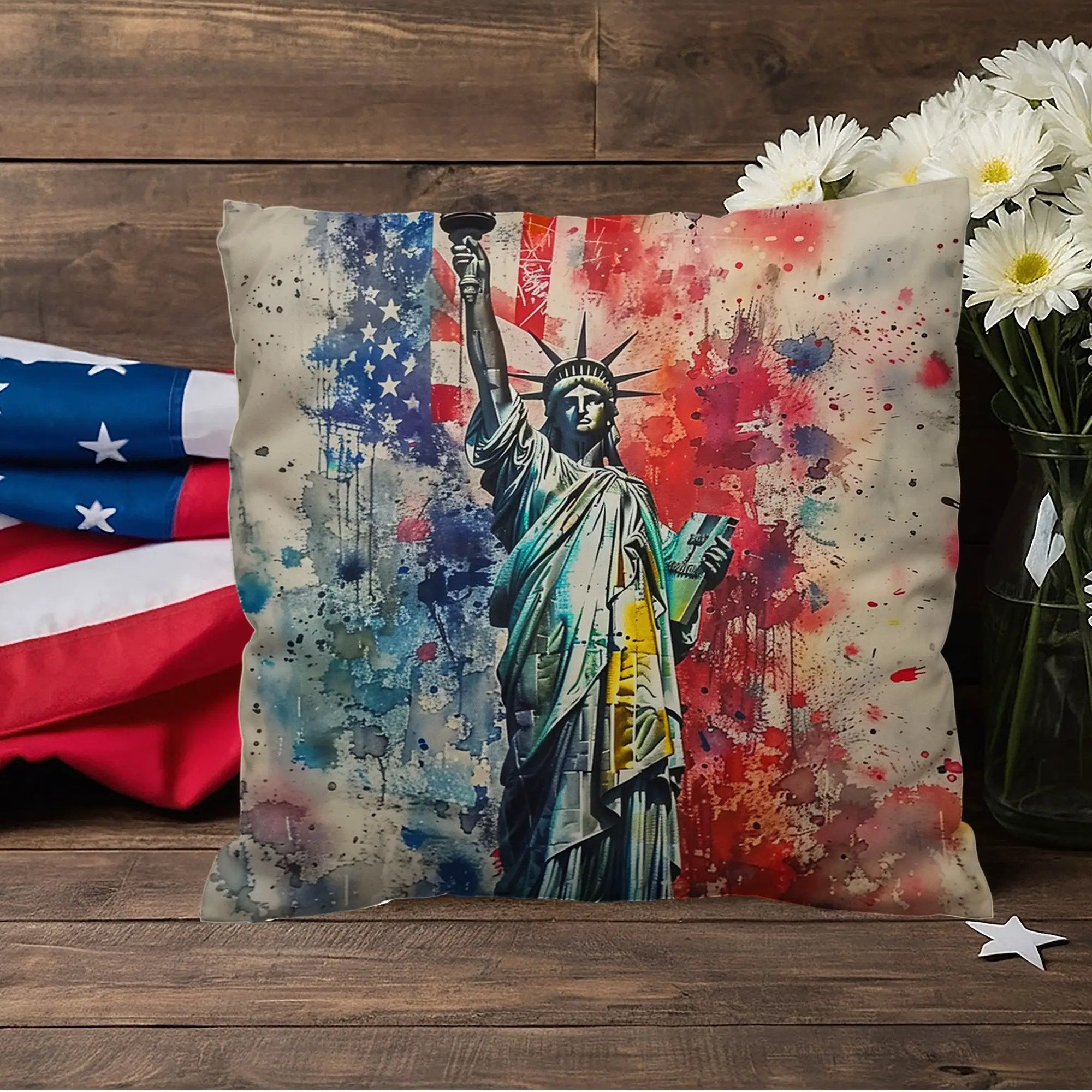 Statue of Liberty American Flag Pillow – Patriotic Indoor Outdoor Throw Pillow – USA Freedom Decor – Red White Blue Cushion – Americana Home Accent