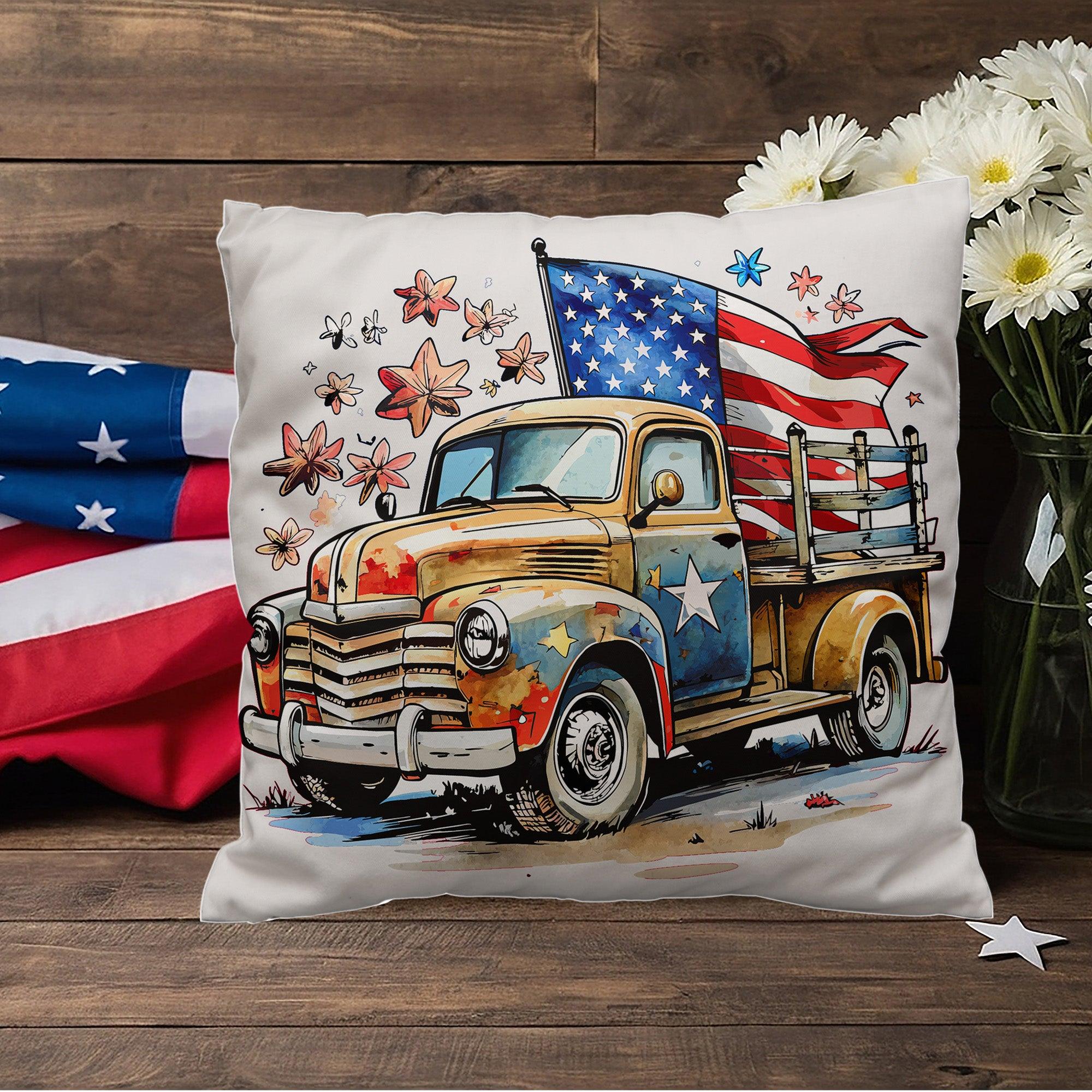 Patriotic Vintage Truck Fourth of July Home Decor Indoor-Outdoor Pillow - Mallard Moon Gift Shop