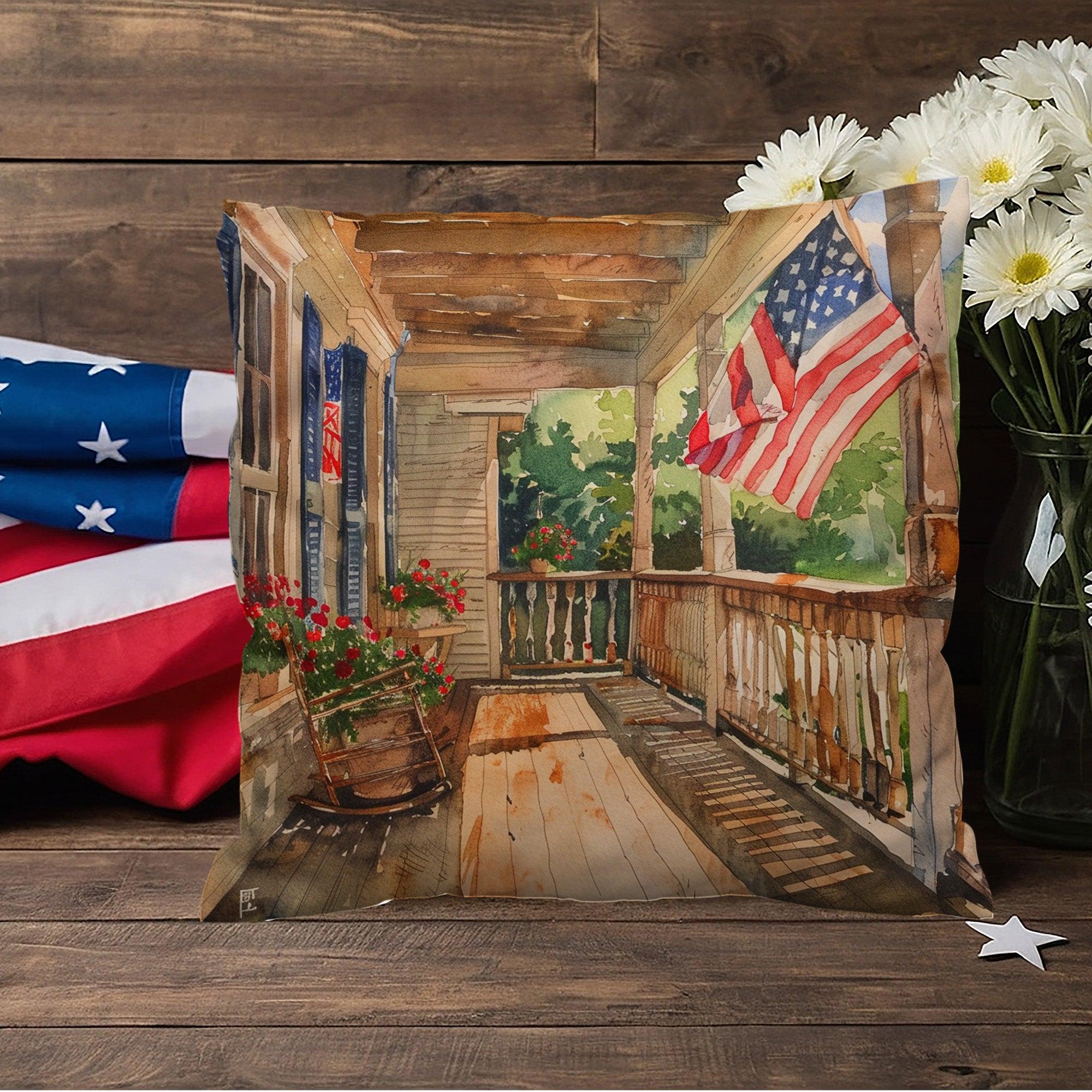 Patriotic Country Porch Scene Indoor-Outdoor Polyester Printed Pillow - Mallard Moon Gift Shop