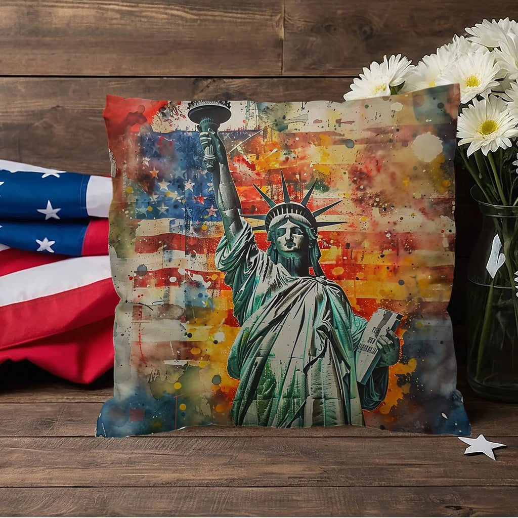 Statue of Liberty Patriotic Pillow – USA Flag Throw Pillow – Americana Art Cushion – Red White Blue Home Decor – Indoor Outdoor Porch Pillow