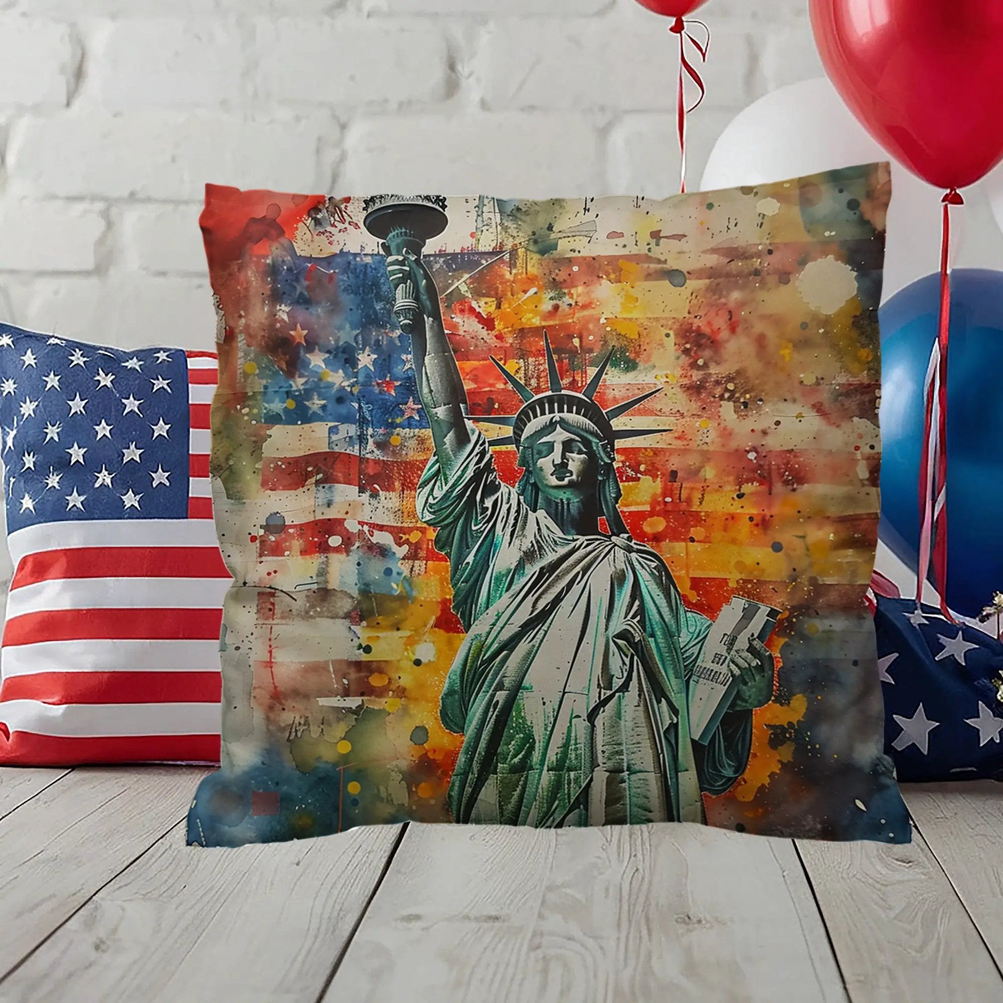 Statue of Liberty Patriotic Pillow – USA Flag Throw Pillow – Americana Art Cushion – Red White Blue Home Decor – Indoor Outdoor Porch Pillow