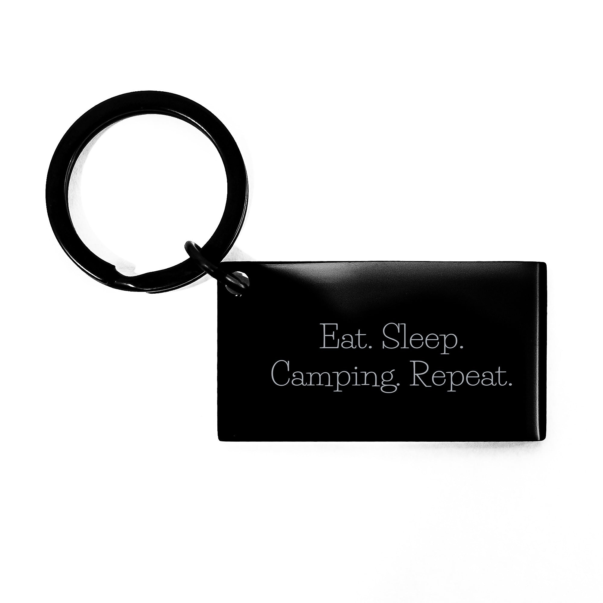 Camping Keychain Gifts from Friends and Family for Birthday - 'Eat. Sleep. Camping. Repeat.' Engraved Stainless Steel Key Holder - Image 1