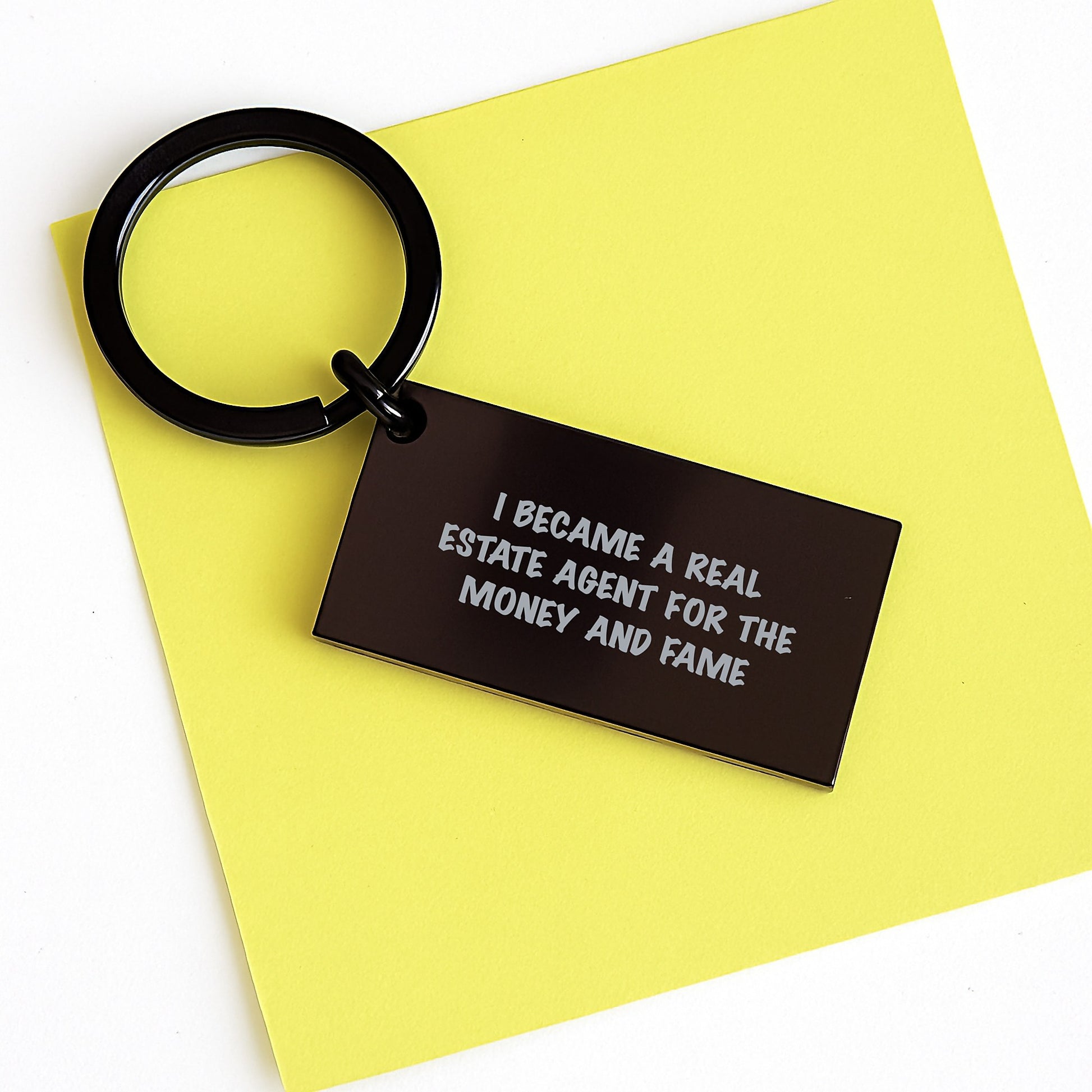 Real Estate Agent Keychain Gifts from Friends for Birthday, Funny Quote 'I Became A Real Estate Agent For The Money And Fame', Stainless Steel, Black Color, 1.57x0.87 inches - Image 3