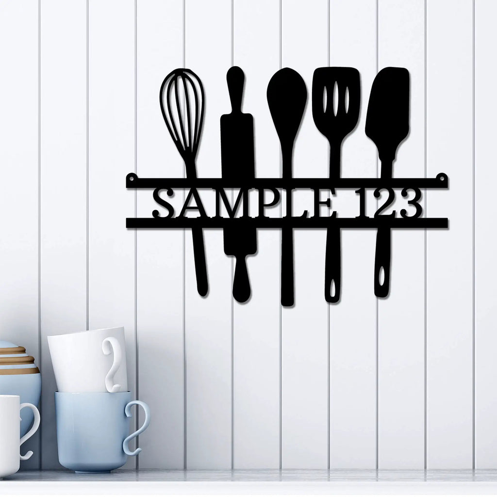 Personalized Kitchen Metal Sign Custom Family Name Wall Art Baking Utensil Decor Farmhouse Kitchen Sign Cooking Gift Idea