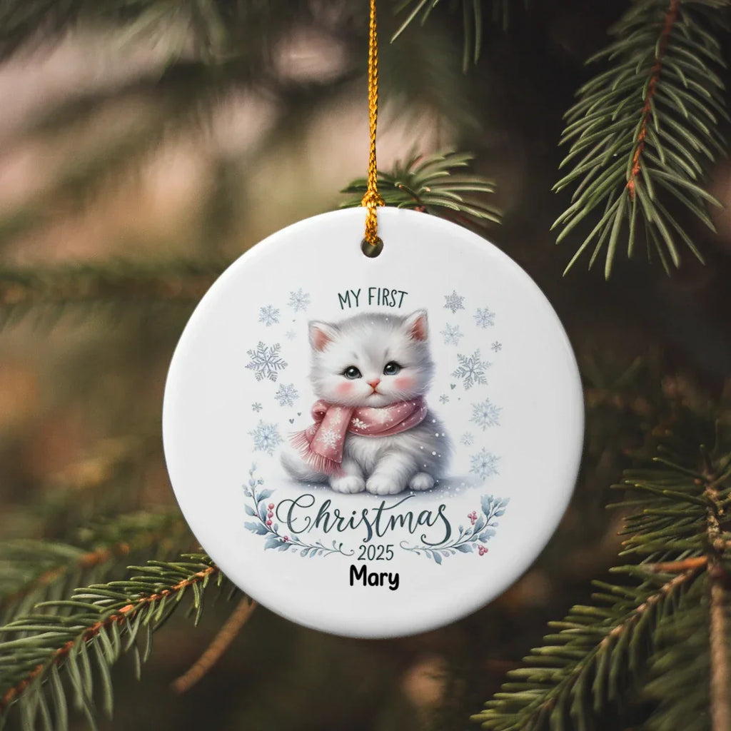 My First Christmas 2025 White Kitten Ornament – Baby’s First Christmas Keepsake, Cute Newborn Gift, Durable MDF Ornament with Gold Cord