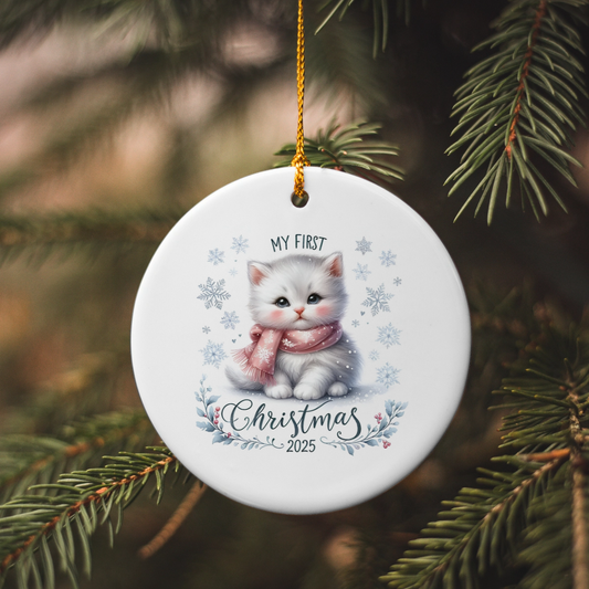 My First Christmas 2025 White Kitten Ornament – Baby’s First Christmas Keepsake, Cute Newborn Gift, Durable MDF Ornament with Gold Cord