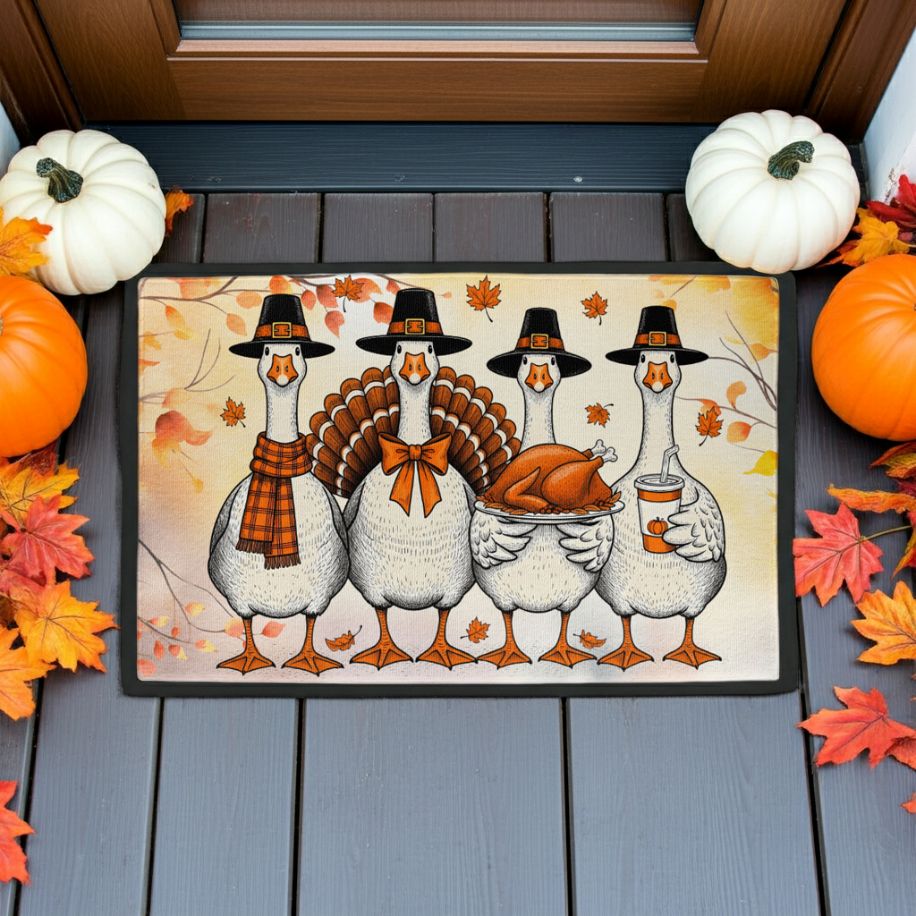Thanksgiving Goose Family Doormat – Funny Fall Welcome Mat with Pilgrim Geese, Turkey, and Pumpkin Latte – Autumn Front Porch Décor - Mallard Moon
