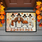 Thanksgiving Goose Family Doormat – Funny Fall Welcome Mat with Pilgrim Geese, Turkey, and Pumpkin Latte – Autumn Front Porch Décor