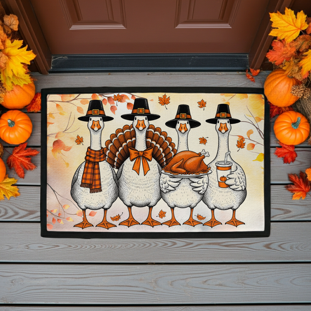 Thanksgiving Goose Family Doormat – Funny Fall Welcome Mat with Pilgrim Geese, Turkey, and Pumpkin Latte – Autumn Front Porch Décor - Mallard Moon