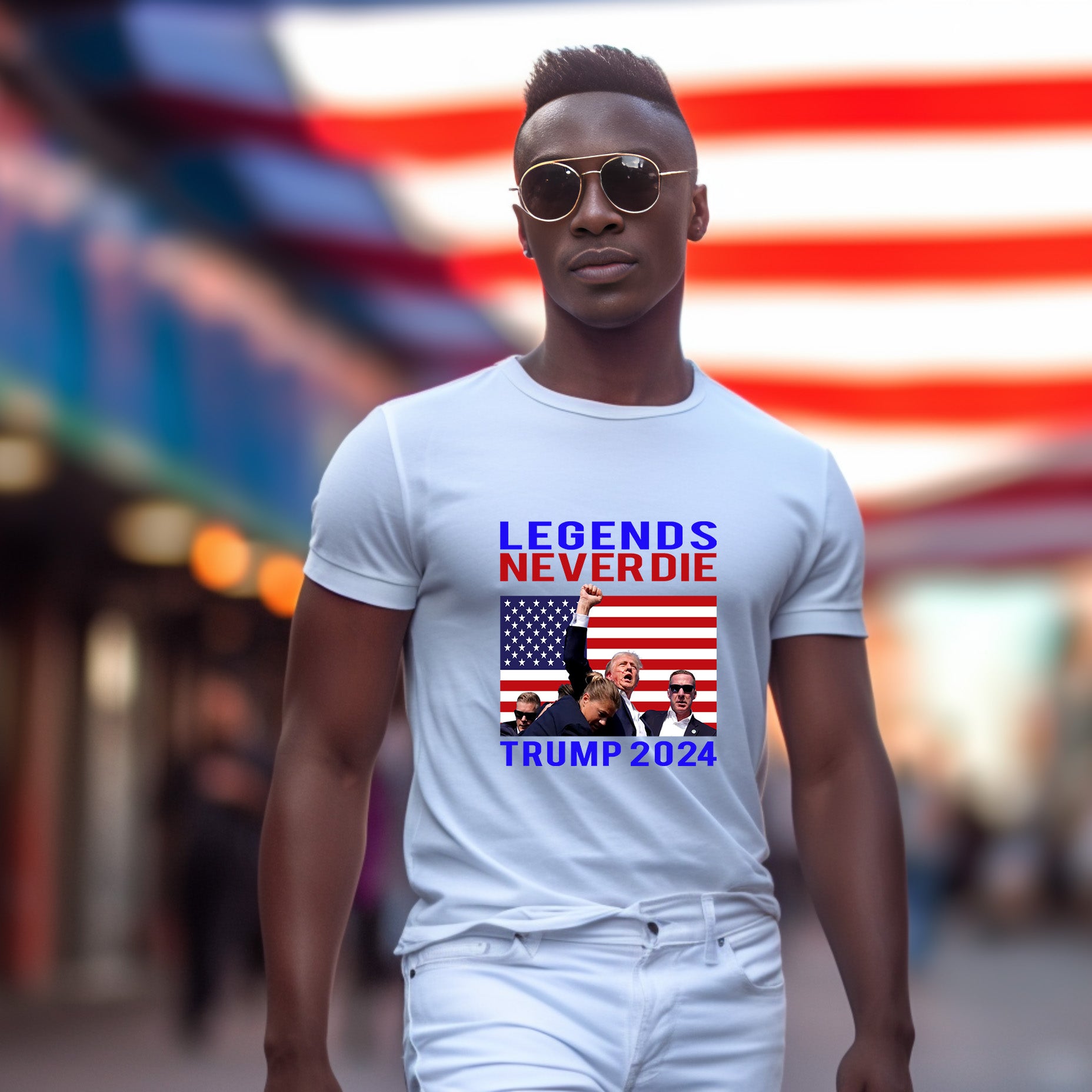 Patriotic MAGA Tee Shirt Legends Never Die Trump 2024 Butler Rally - Mallard Moon Gift Shop