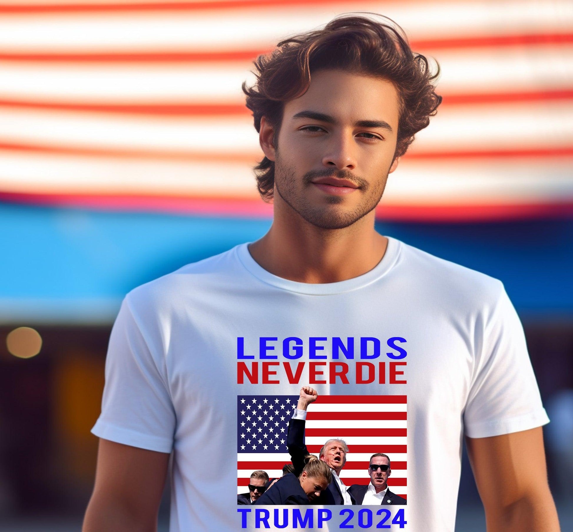 Patriotic MAGA Tee Shirt Legends Never Die Trump 2024 Butler Rally - Mallard Moon Gift Shop