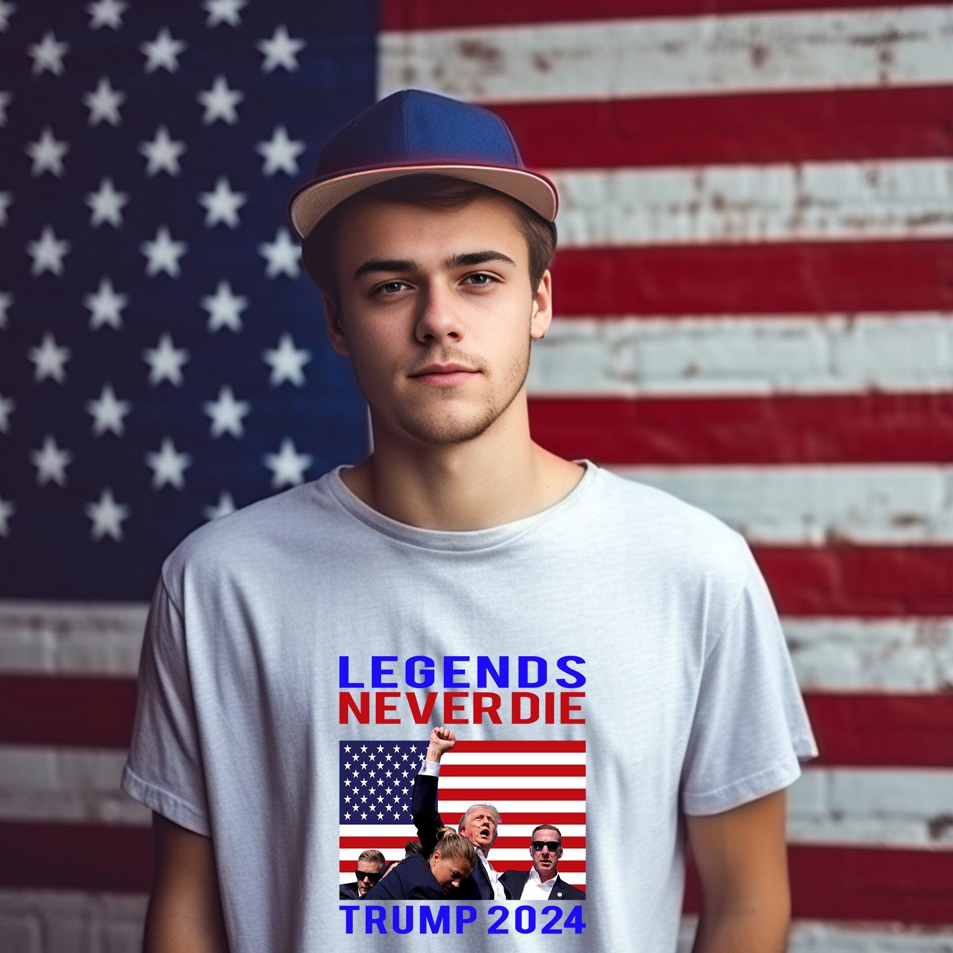 Patriotic MAGA Tee Shirt Legends Never Die Trump 2024 Butler Rally - Mallard Moon Gift Shop