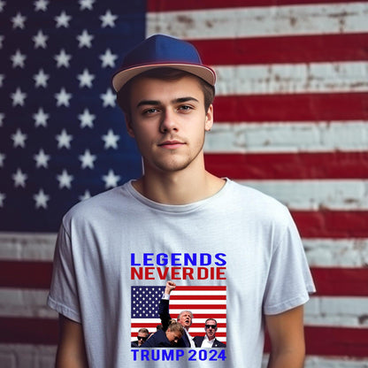 Patriotic MAGA Tee Shirt Legends Never Die Trump 2024 Butler Rally - Mallard Moon Gift Shop