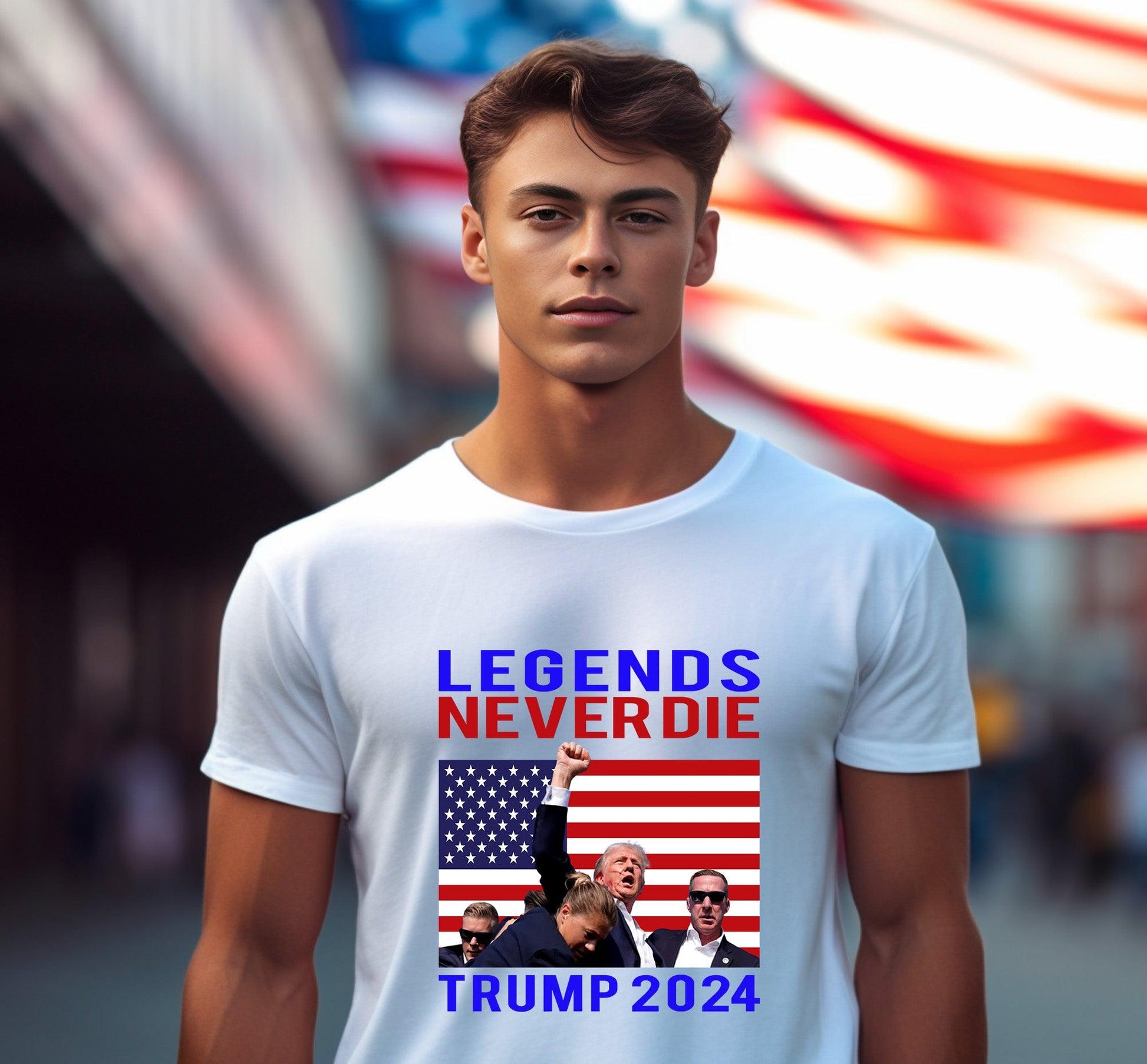 Patriotic MAGA Tee Shirt Legends Never Die Trump 2024 Butler Rally - Mallard Moon Gift Shop