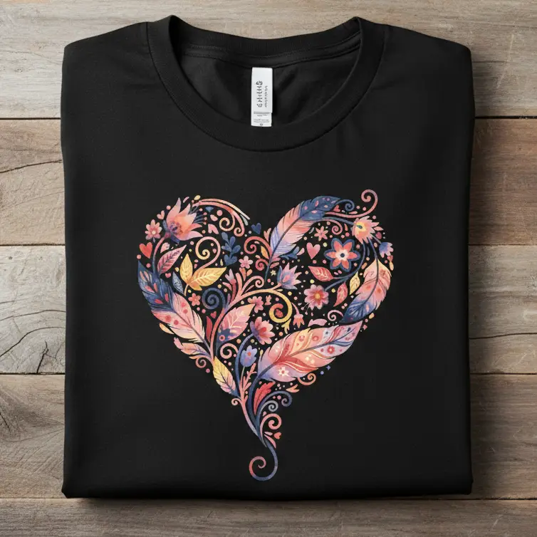 Floral Heart Graphic Tee — Boho Feather & Flower Design - Mallard Moon