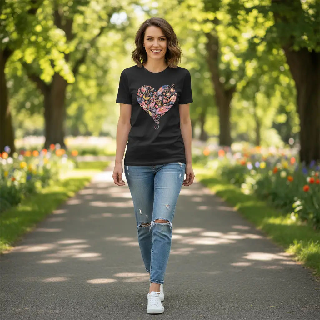Floral Heart Graphic Tee — Boho Feather & Flower Design - Mallard Moon