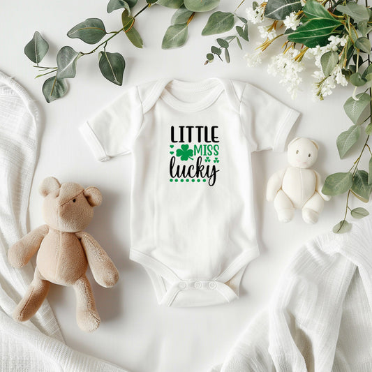 Little Miss Lucky St. Patrick’s Day Baby Girl Bodysuit – Cute Shamrock Onesie – Soft Cotton Infant Romper – Irish Holiday Outfit & Baby Shower Gift - Mallard Moon Gift Shop