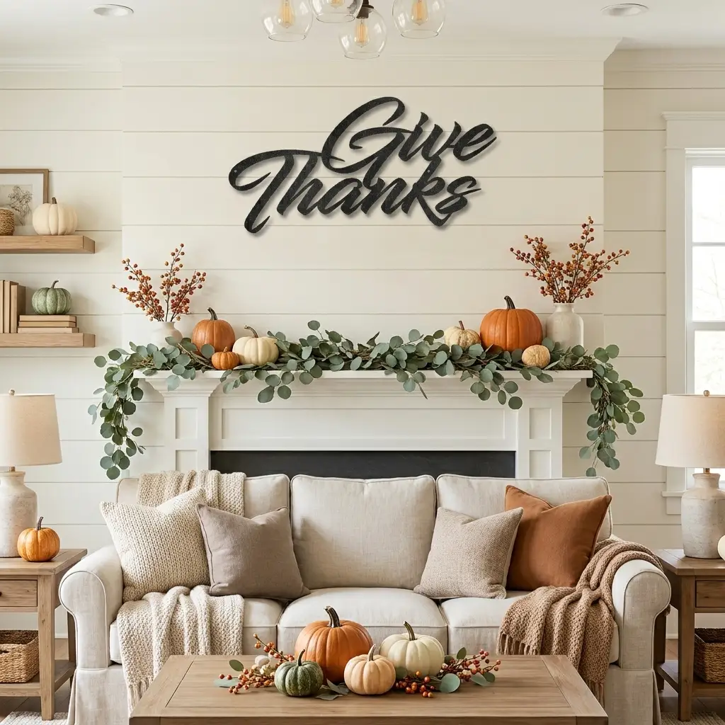 Give Thanks Metal Sign, Farmhouse Wall Decor, Thanksgiving Decor, Script Wall Art, Fall Home Decor, Gratitude Sign