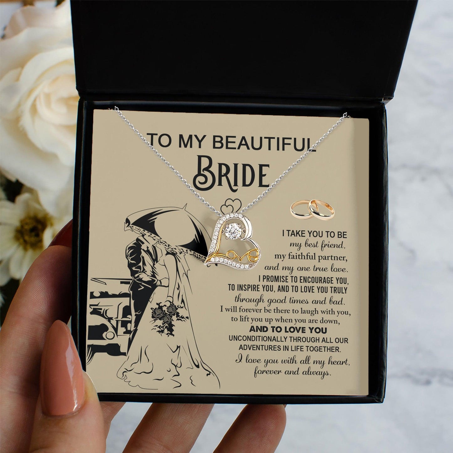 To My Beautiful Bride - My Best Friend, Faithful Partner Love Dancing Heart Pendant Necklace Wedding Day Gift - Mallard Moon Gift Shop