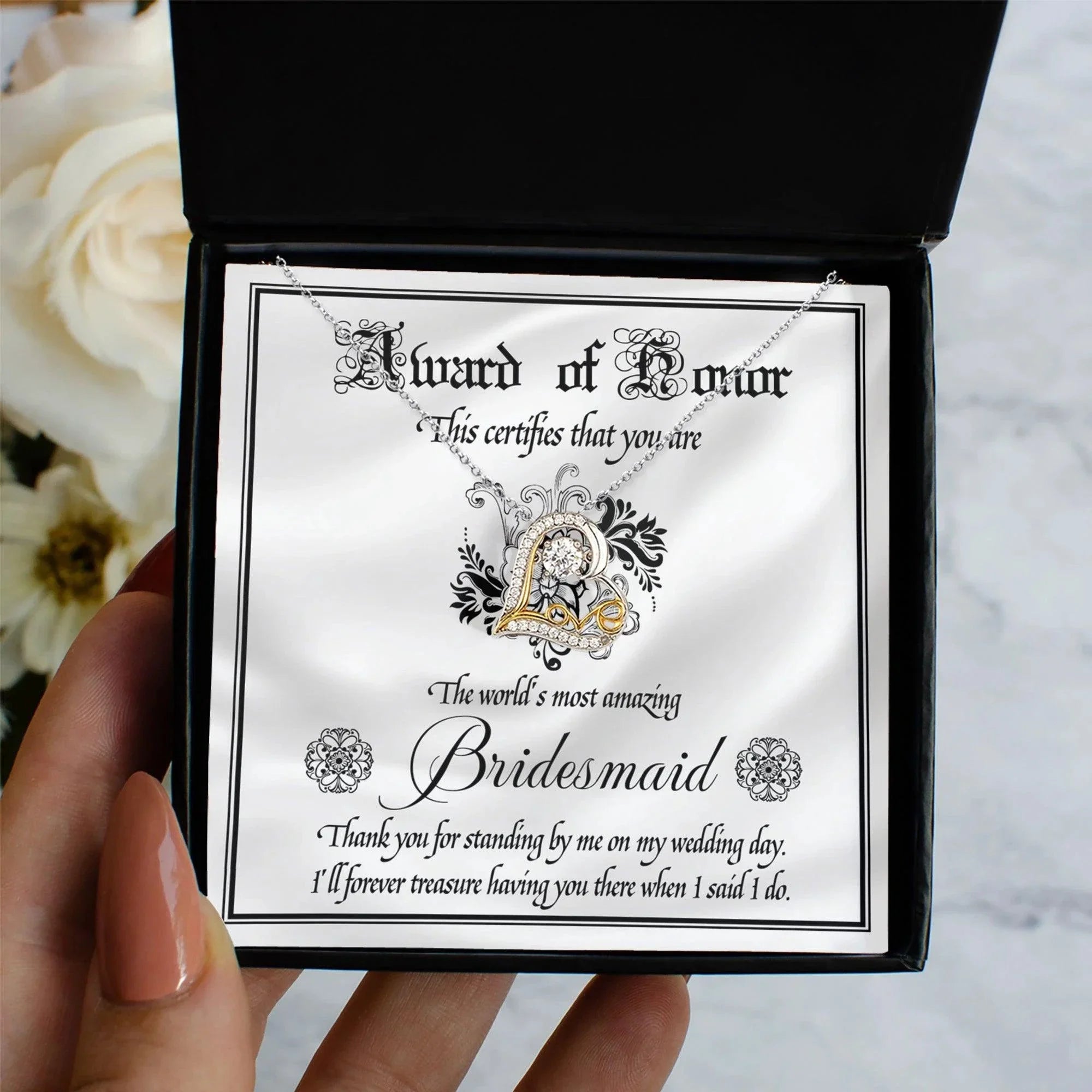 Bridesmaid Wedding Day Gift - Award Of Honor Thank You Card with Love Dancing Heart Pendant Necklace