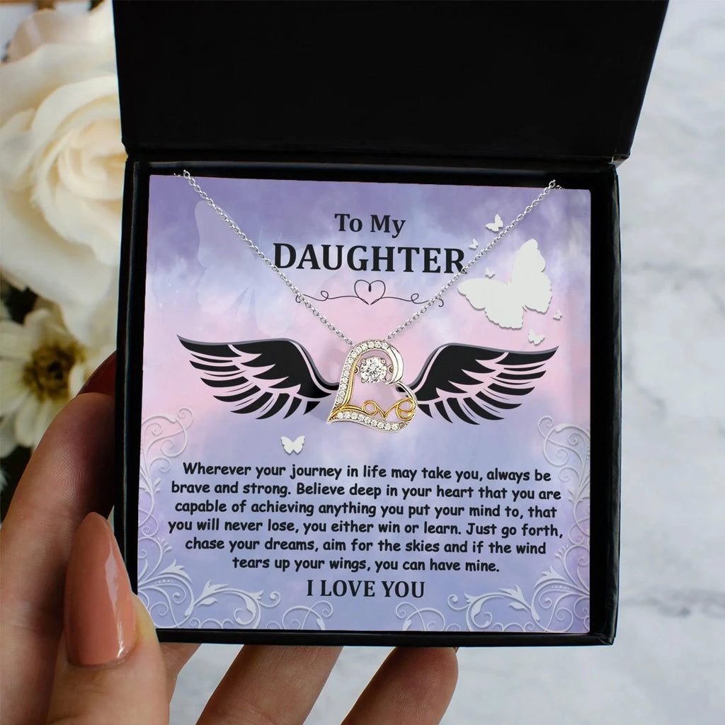 Daughter Gift for Birthday, Christmas, Graduation - Brave And Strong - Love Dancing Heart Pendant Necklace